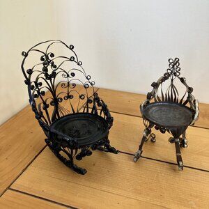 Tin Can Doll Chairs Set of 2 Vintage Folk Tramp Art Mini Furniture Rocking Chair